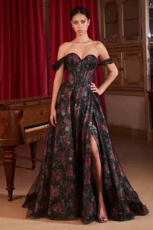 CD CD806 - Off the Shoulder Ball Gown with Sheer Underarms Boned Bodice & Floral Underlay Fabric