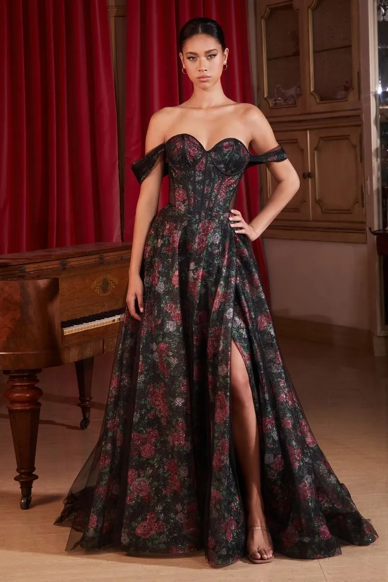 CD CD806 - Off the Shoulder Ball Gown with Sheer Underarms Boned Bodice & Floral Underlay Fabric