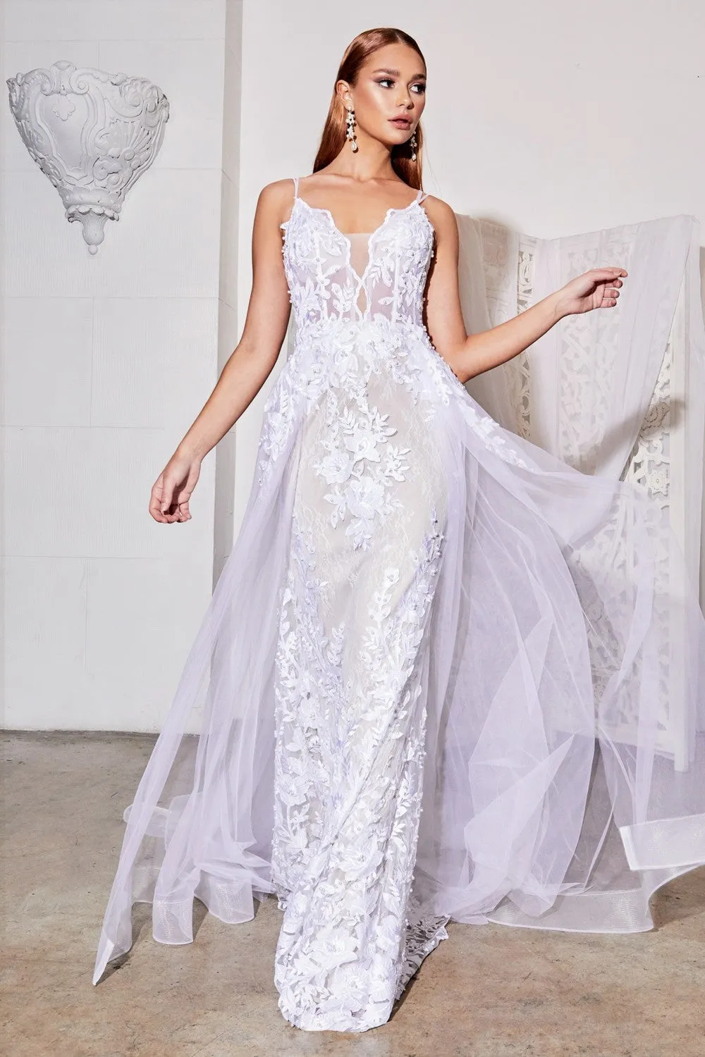 CD CD931W - Fit & Flare Wedding Gown with Layered Tulle Overskirt & Pearl Floral Applique