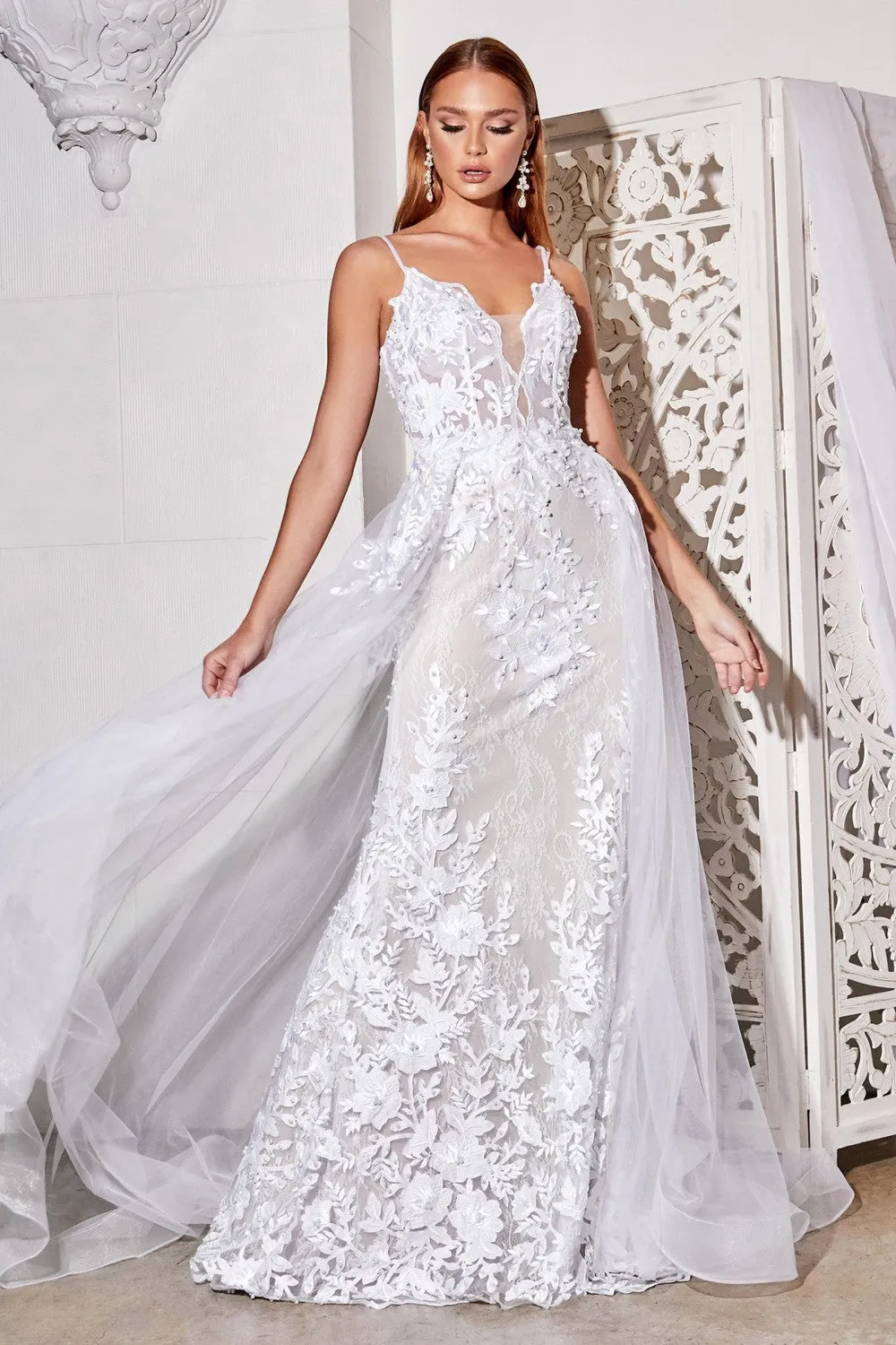 CD CD931W - Fit & Flare Wedding Gown with Layered Tulle Overskirt & Pearl Floral Applique