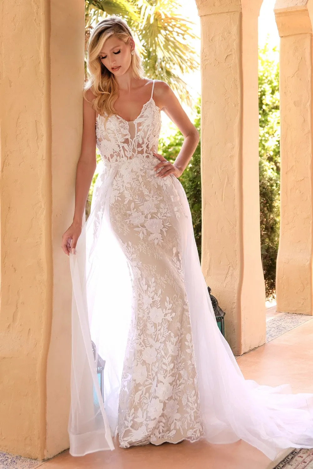 CD CD931W - Fit & Flare Wedding Gown with Layered Tulle Overskirt & Pearl Floral Applique