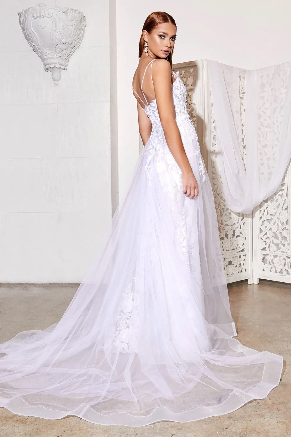 CD CD931W - Fit & Flare Wedding Gown with Layered Tulle Overskirt & Pearl Floral Applique