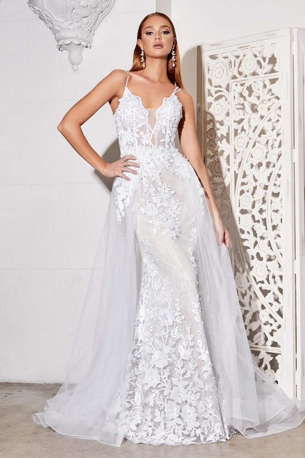 CD CD931W - Fit & Flare Wedding Gown with Layered Tulle Overskirt & Pearl Floral Applique