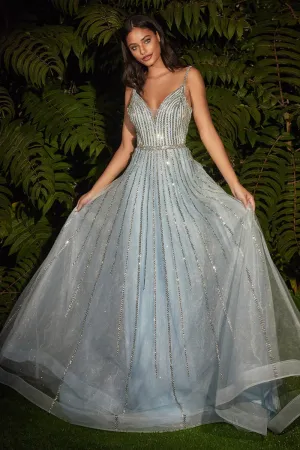 CD CD940 - Glitter Tulle A-Line Prom Gown with Spaghetti Strap V-Neck Bodice & Linear Platinum Beading