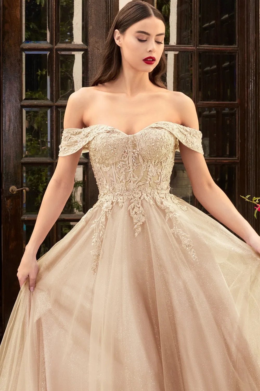 CD CD961 - Off The Shoulder A-Line Prom Gown with Sheer Lace Embellished Corset Bodice & Open Lace Up Corset Back