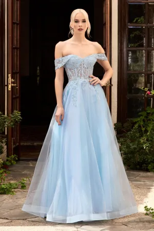 CD CD961 - Off The Shoulder A-Line Prom Gown with Sheer Lace Embellished Corset Bodice & Open Lace Up Corset Back