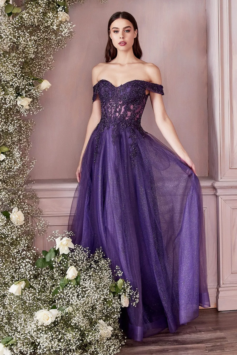 CD CD961 - Off The Shoulder A-Line Prom Gown with Sheer Lace Embellished Corset Bodice & Open Lace Up Corset Back