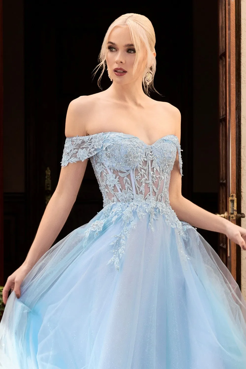 CD CD961 - Off The Shoulder A-Line Prom Gown with Sheer Lace Embellished Corset Bodice & Open Lace Up Corset Back