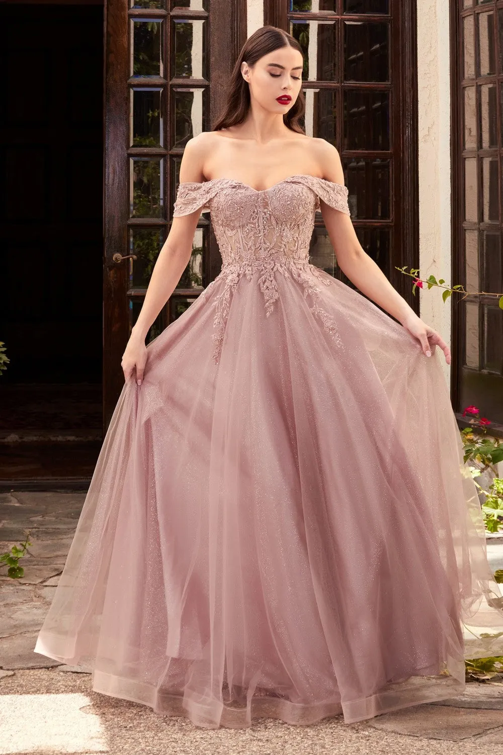 CD CD961 - Off The Shoulder A-Line Prom Gown with Sheer Lace Embellished Corset Bodice & Open Lace Up Corset Back