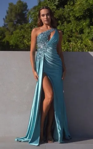 CD CDS454 - One Shoulder Beaded Lace Embellished Fit & Flare Prom Gown with Side Sash & Leg Slit
