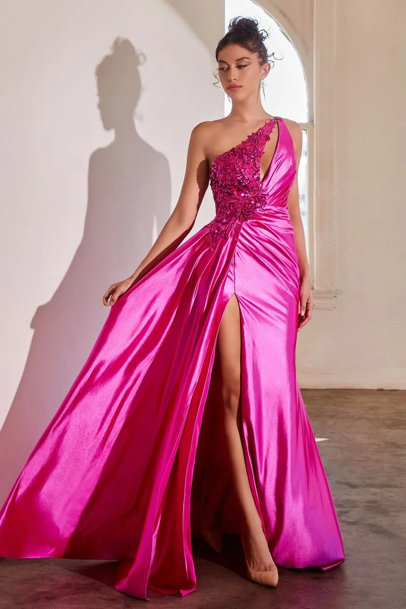 CD CDS454 - One Shoulder Beaded Lace Embellished Fit & Flare Prom Gown with Side Sash & Leg Slit