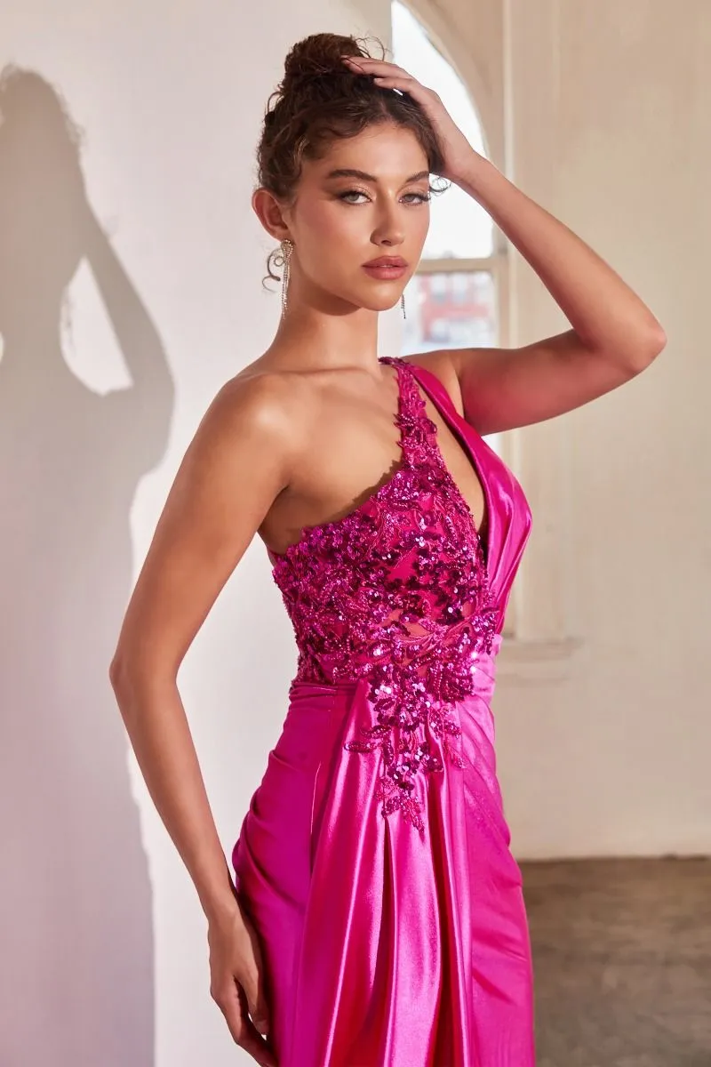 CD CDS454 - One Shoulder Beaded Lace Embellished Fit & Flare Prom Gown with Side Sash & Leg Slit