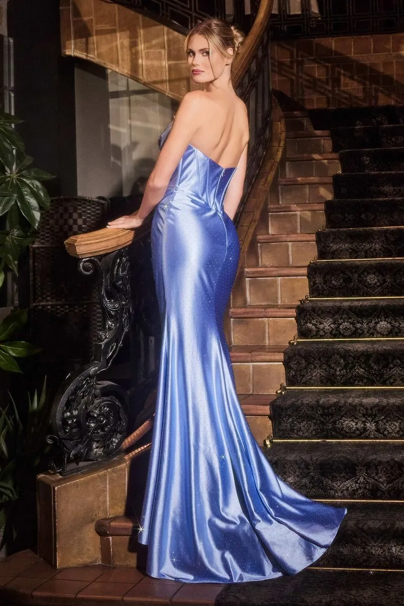 CD CDS529 - Crystal Embellished Strapless Stretch Satin Fit & Flare Prom Gown with Crystal Accented Scoop Neck Bodice & Leg Slit