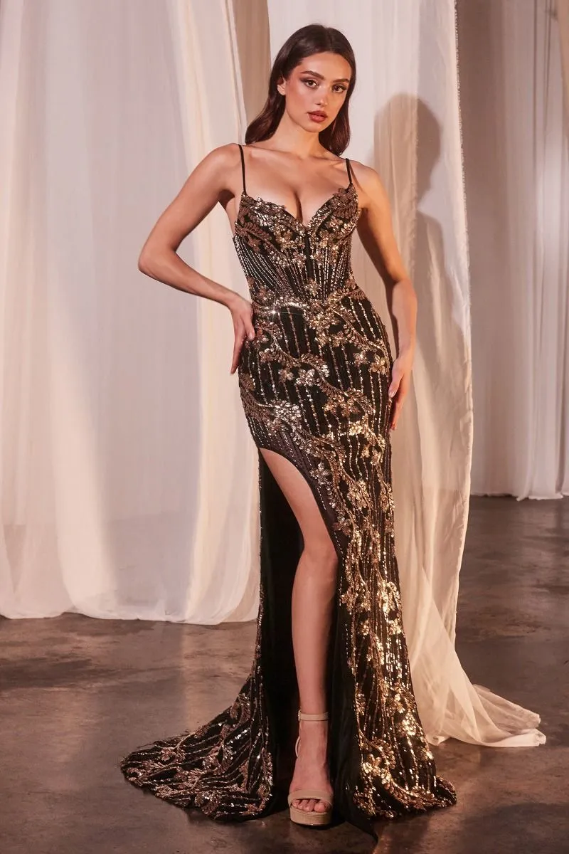 CD CM358 - Gold Lace & Glitter Embellished Fit & Flare Prom Gown with V-Neck & Leg Slit