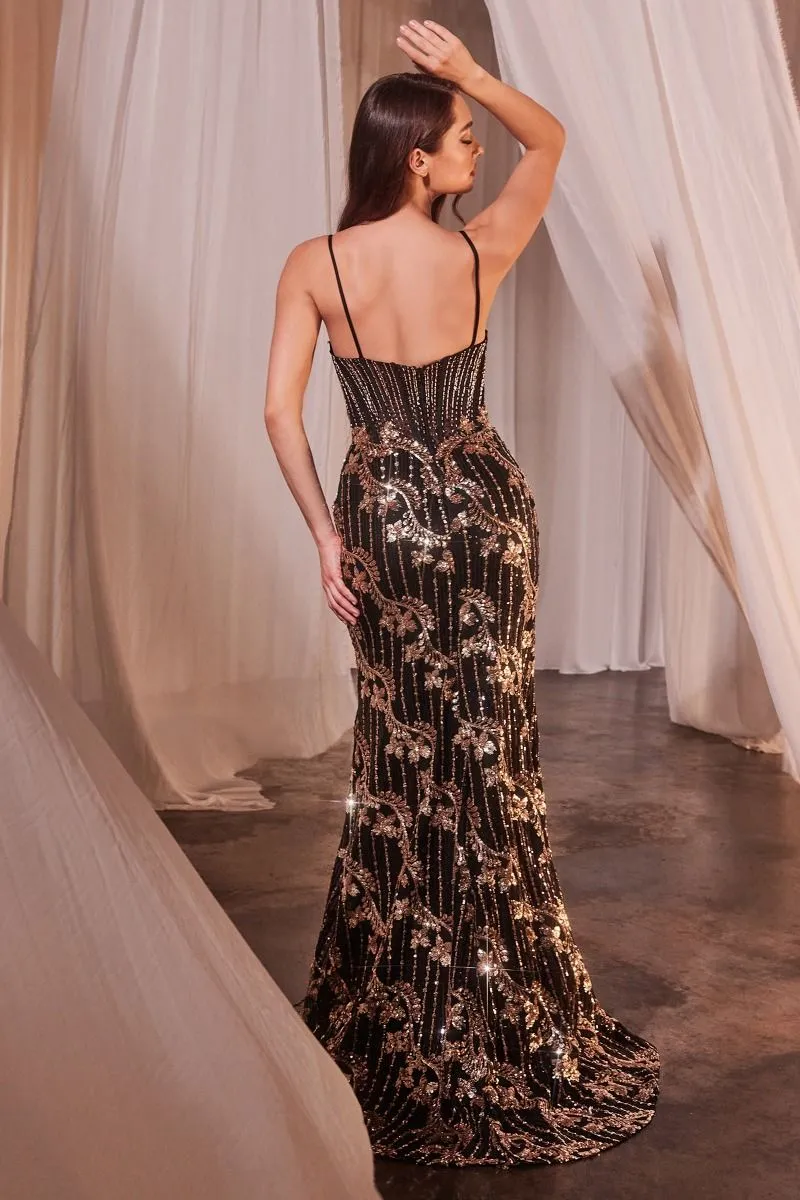 CD CM358 - Gold Lace & Glitter Embellished Fit & Flare Prom Gown with V-Neck & Leg Slit