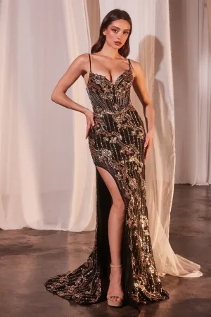 CD CM358 - Gold Lace & Glitter Embellished Fit & Flare Prom Gown with V-Neck & Leg Slit