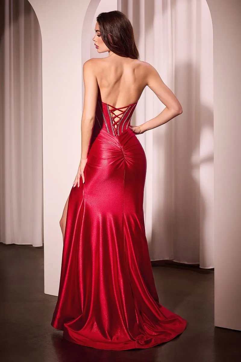 CD CM368 - Strapless Satin Fit & Flare Prom Gown with Sheer Crystal Embellished Bodice Lace Up Corset Back & Leg Slit