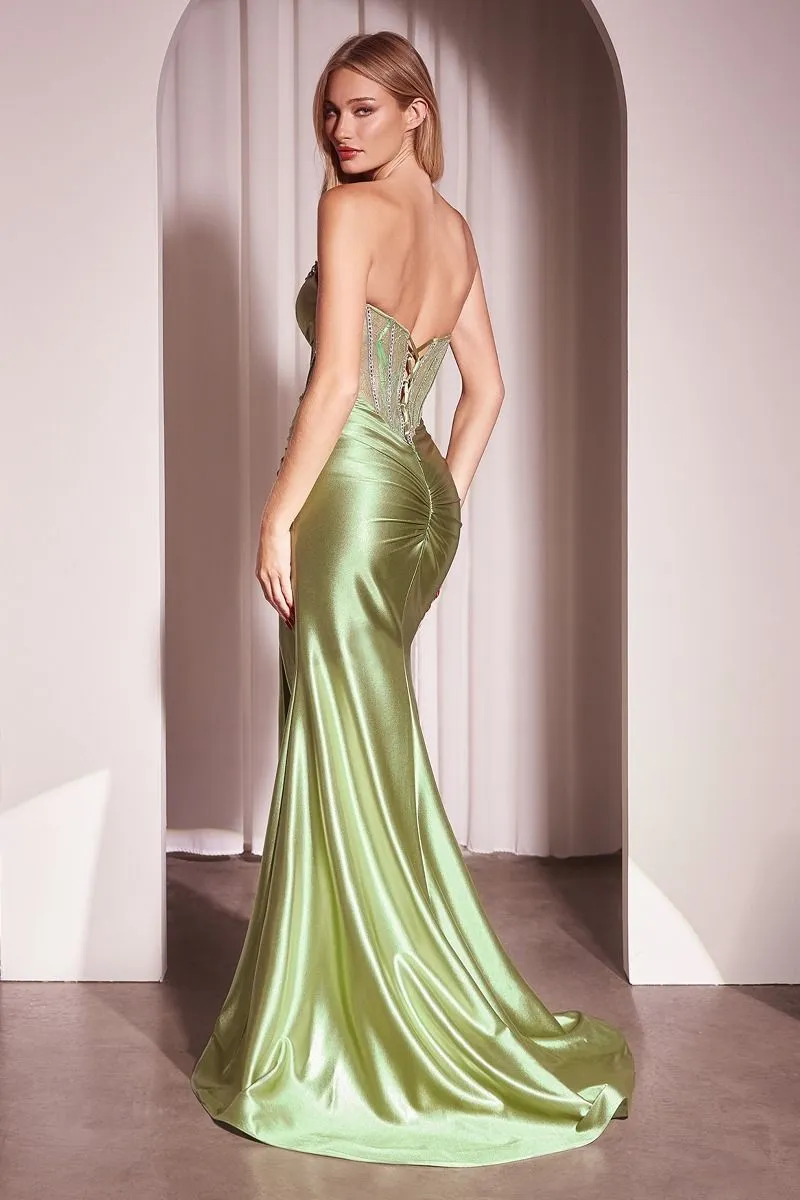 CD CM368 - Strapless Satin Fit & Flare Prom Gown with Sheer Crystal Embellished Bodice Lace Up Corset Back & Leg Slit