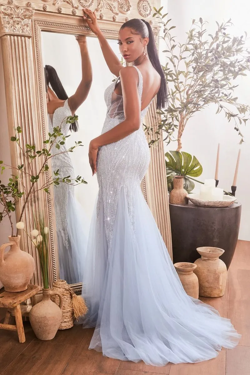 CD CR874 - Fully Beaded Fit & Flare Prom Gown with Plunging V-Neck Bodice Sheer Underarms & Layered Tulle Skirt