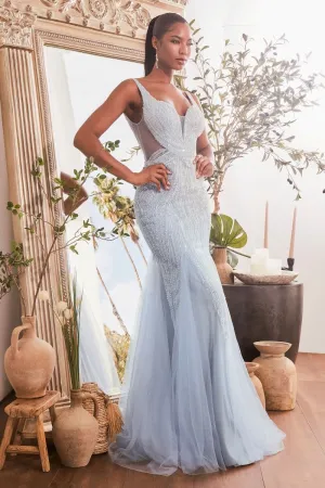 CD CR874 - Fully Beaded Fit & Flare Prom Gown with Plunging V-Neck Bodice Sheer Underarms & Layered Tulle Skirt