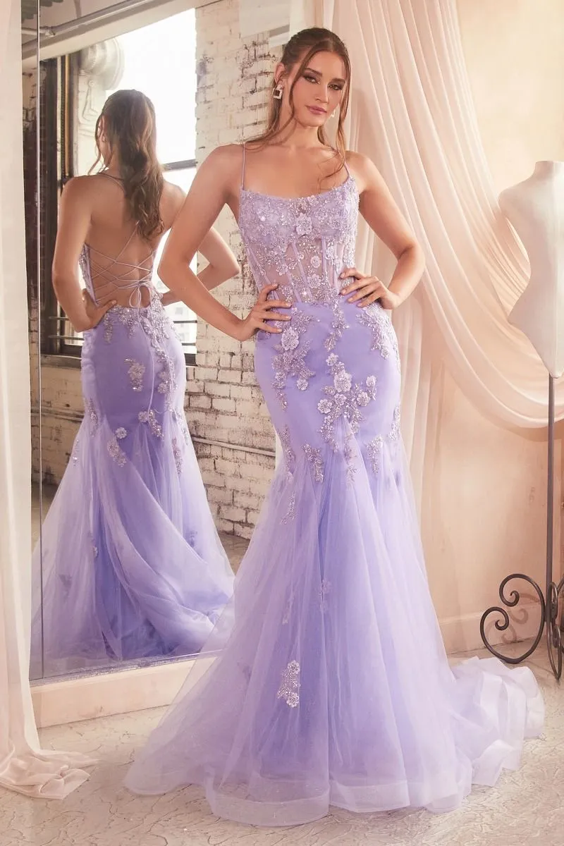 CD D145 - Crystal Embellished Floral Detailed Mermaid Prom Gown with Sheer Boned Corset Bodice & Open Lace Up Corset Backc