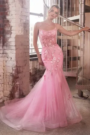 CD D145 - Crystal Embellished Floral Detailed Mermaid Prom Gown with Sheer Boned Corset Bodice & Open Lace Up Corset Backc