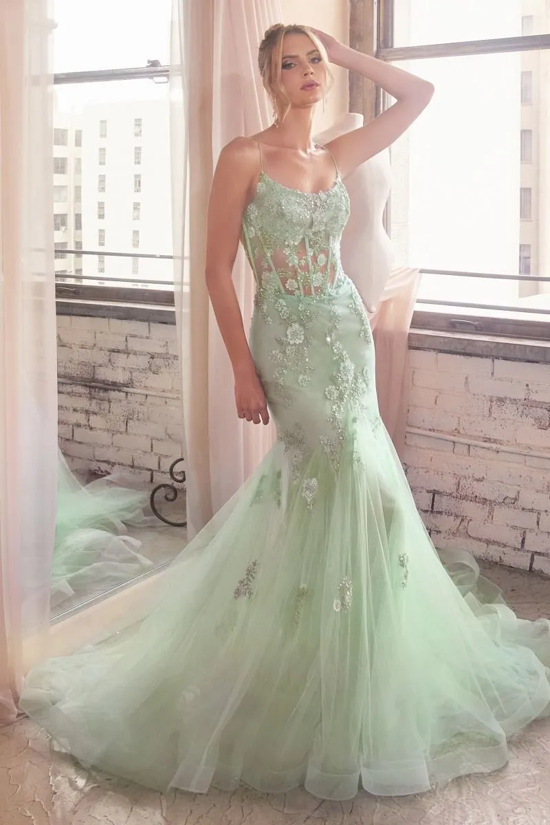 CD D145 - Crystal Embellished Floral Detailed Mermaid Prom Gown with Sheer Boned Corset Bodice & Open Lace Up Corset Backc