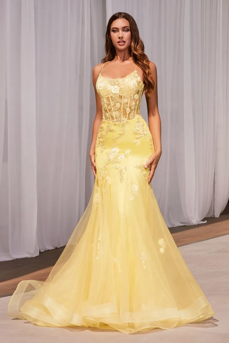 CD D145 - Crystal Embellished Floral Detailed Mermaid Prom Gown with Sheer Boned Corset Bodice & Open Lace Up Corset Backc