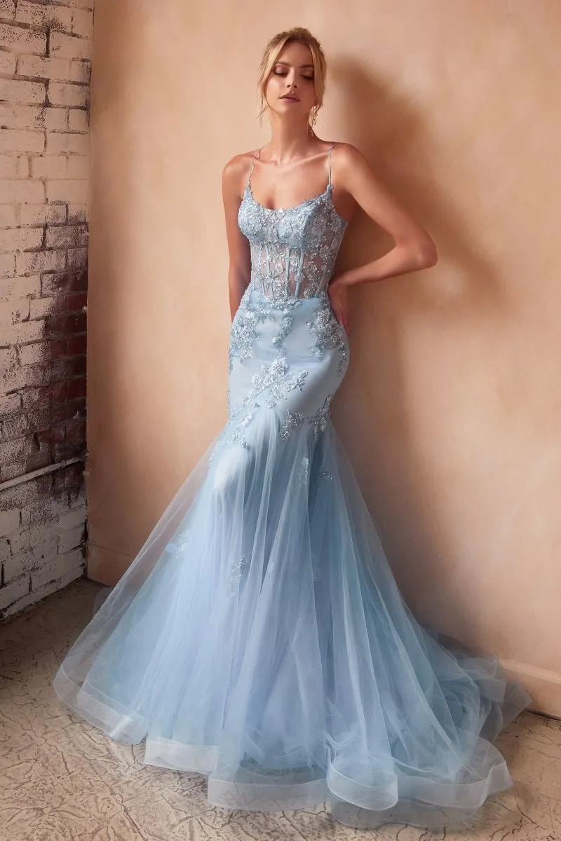 CD D145 - Crystal Embellished Floral Detailed Mermaid Prom Gown with Sheer Boned Corset Bodice & Open Lace Up Corset Backc