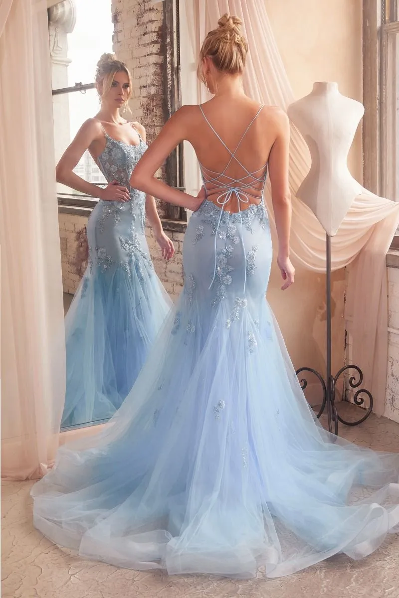 CD D145 - Crystal Embellished Floral Detailed Mermaid Prom Gown with Sheer Boned Corset Bodice & Open Lace Up Corset Backc