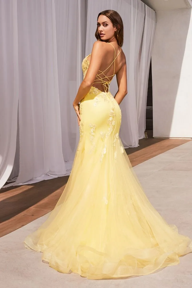 CD D145 - Crystal Embellished Floral Detailed Mermaid Prom Gown with Sheer Boned Corset Bodice & Open Lace Up Corset Backc