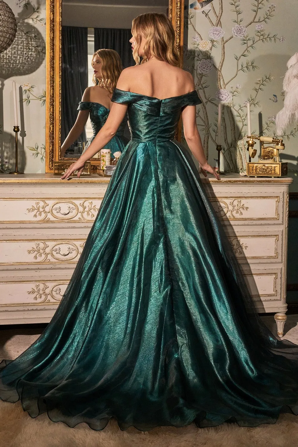 CD J822 - Off the Shoulder Shimmering Organza Ball Gown with Gathered Bodice & Sweetheart Neck