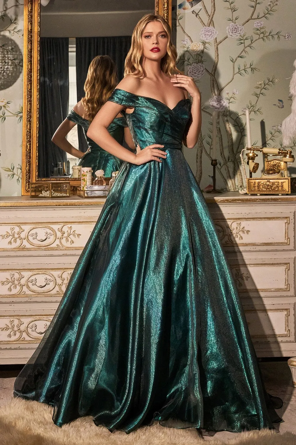 CD J822 - Off the Shoulder Shimmering Organza Ball Gown with Gathered Bodice & Sweetheart Neck