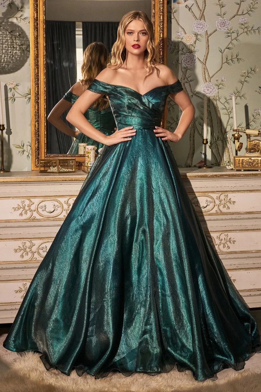 CD J822 - Off the Shoulder Shimmering Organza Ball Gown with Gathered Bodice & Sweetheart Neck