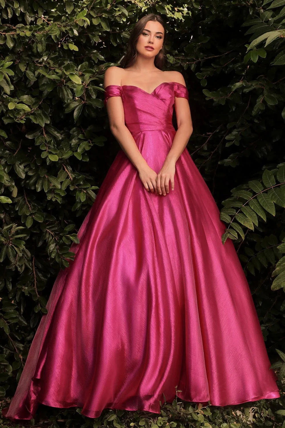 CD J822 - Off the Shoulder Shimmering Organza Ball Gown with Gathered Bodice & Sweetheart Neck
