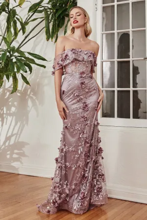 CD J832 - Off the Shoulder Fit & Flare Prom Gown with Glitter Print & 3D Floral Applique Sheer Boned Bodice & Leg Slit