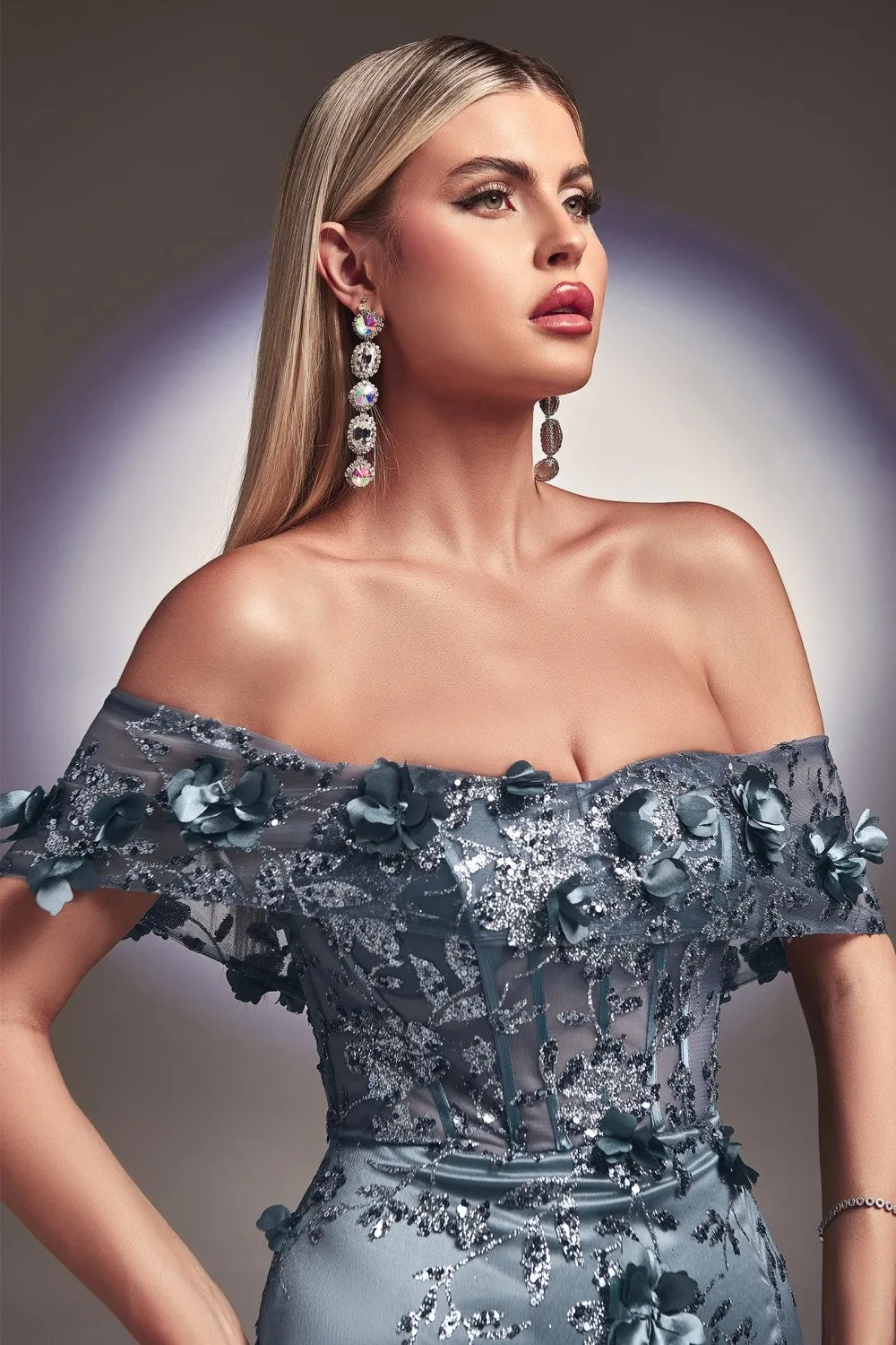 CD J832 - Off the Shoulder Fit & Flare Prom Gown with Glitter Print & 3D Floral Applique Sheer Boned Bodice & Leg Slit