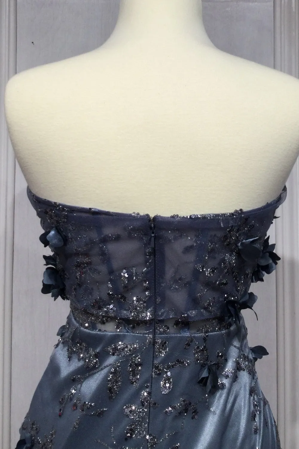 CD J832 - Off the Shoulder Fit & Flare Prom Gown with Glitter Print & 3D Floral Applique Sheer Boned Bodice & Leg Slit