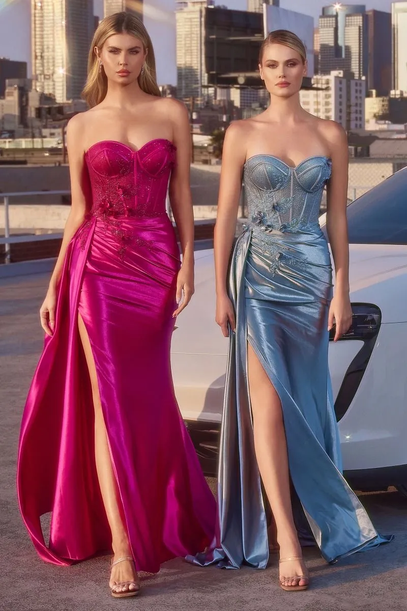 CD J884 - Strapless Fit & Flare Prom Gown with Bone Structured Bodice Side Sash Leg Slit & Lace Up Back