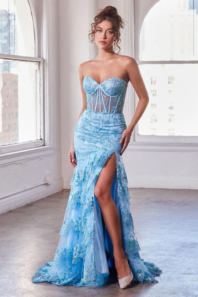 CD KV1095 - Strapless Layered Ruffle Fit & Flare Prom Gown with Sheer Boned Bodice Leg Slit & Lace Up Corset Back