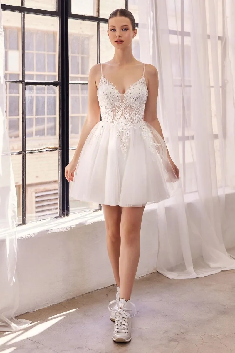 CD SF047 - Glitter Tulle A-Line Homecoming Dress with Sheer Beaded Lace V-Neck Corset Bodice