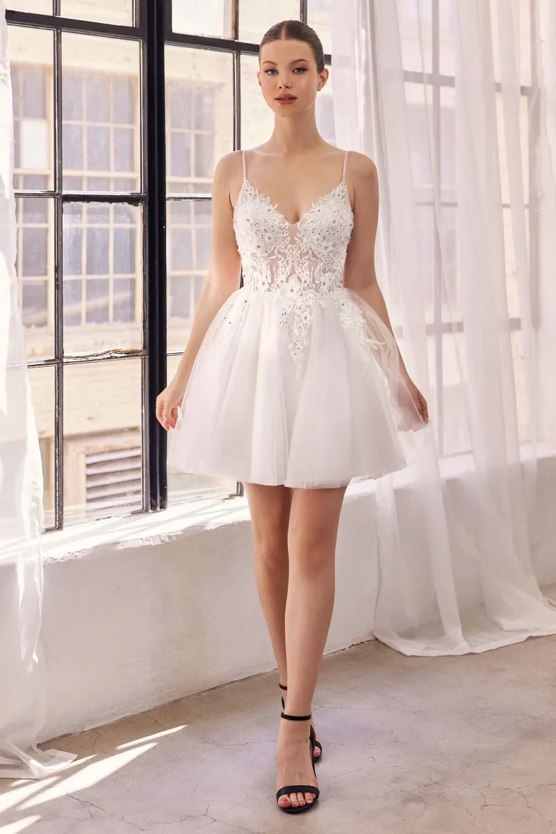 CD SF047 - Glitter Tulle A-Line Homecoming Dress with Sheer Beaded Lace V-Neck Corset Bodice