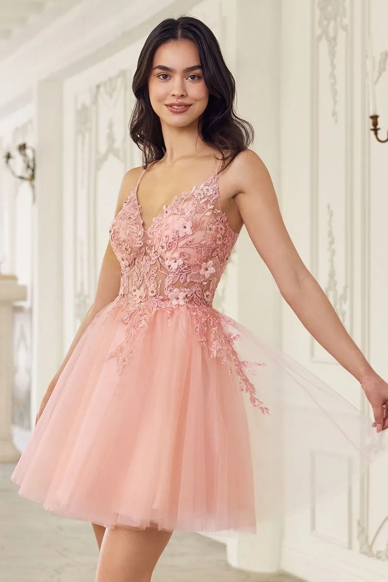 CD SF047 - Glitter Tulle A-Line Homecoming Dress with Sheer Beaded Lace V-Neck Corset Bodice