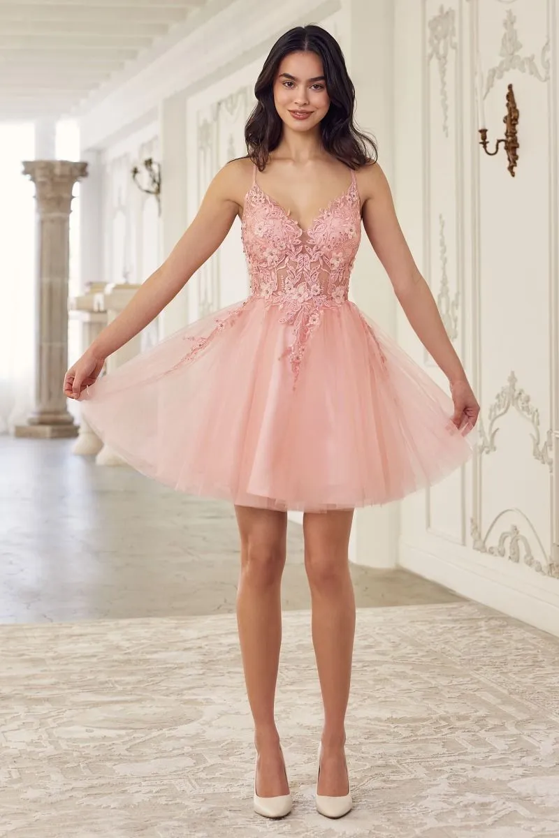 CD SF047 - Glitter Tulle A-Line Homecoming Dress with Sheer Beaded Lace V-Neck Corset Bodice