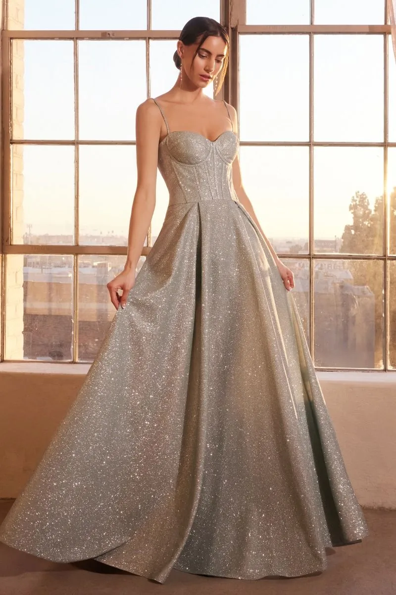 CD T706 - Shimmering Glitter A-Line Prom Gown with Structured Sweetheart Bodice & Lace Up Corset Back