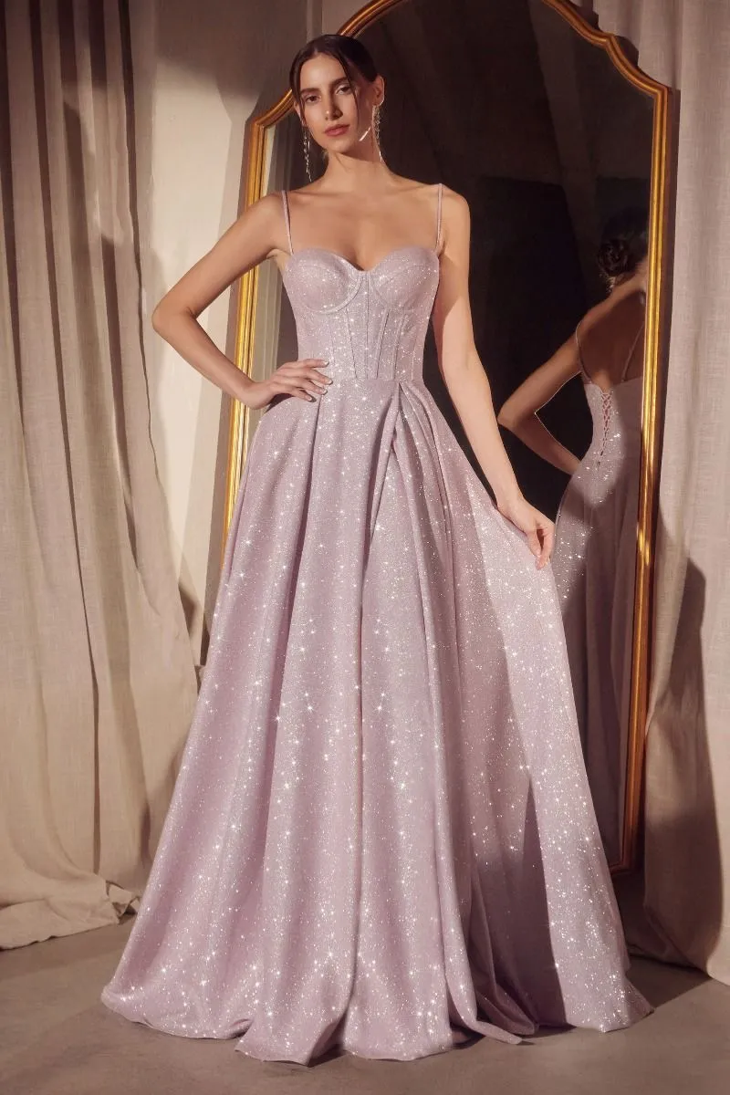 CD T706 - Shimmering Glitter A-Line Prom Gown with Structured Sweetheart Bodice & Lace Up Corset Back