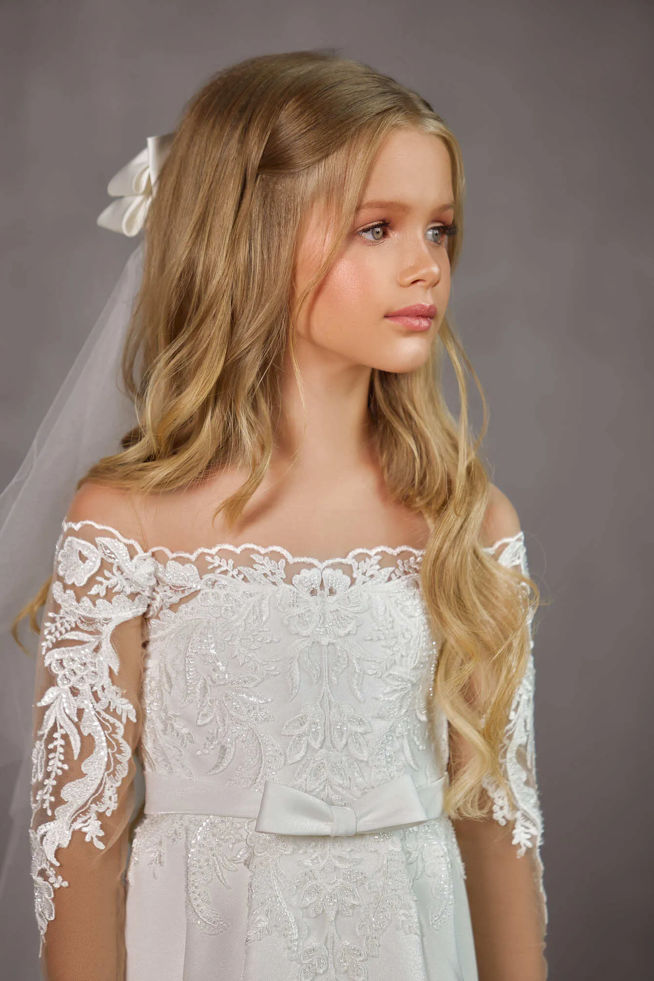 Charlotte – Illusion Off-The-Shoulder First Communion Dress with Long Sleeves