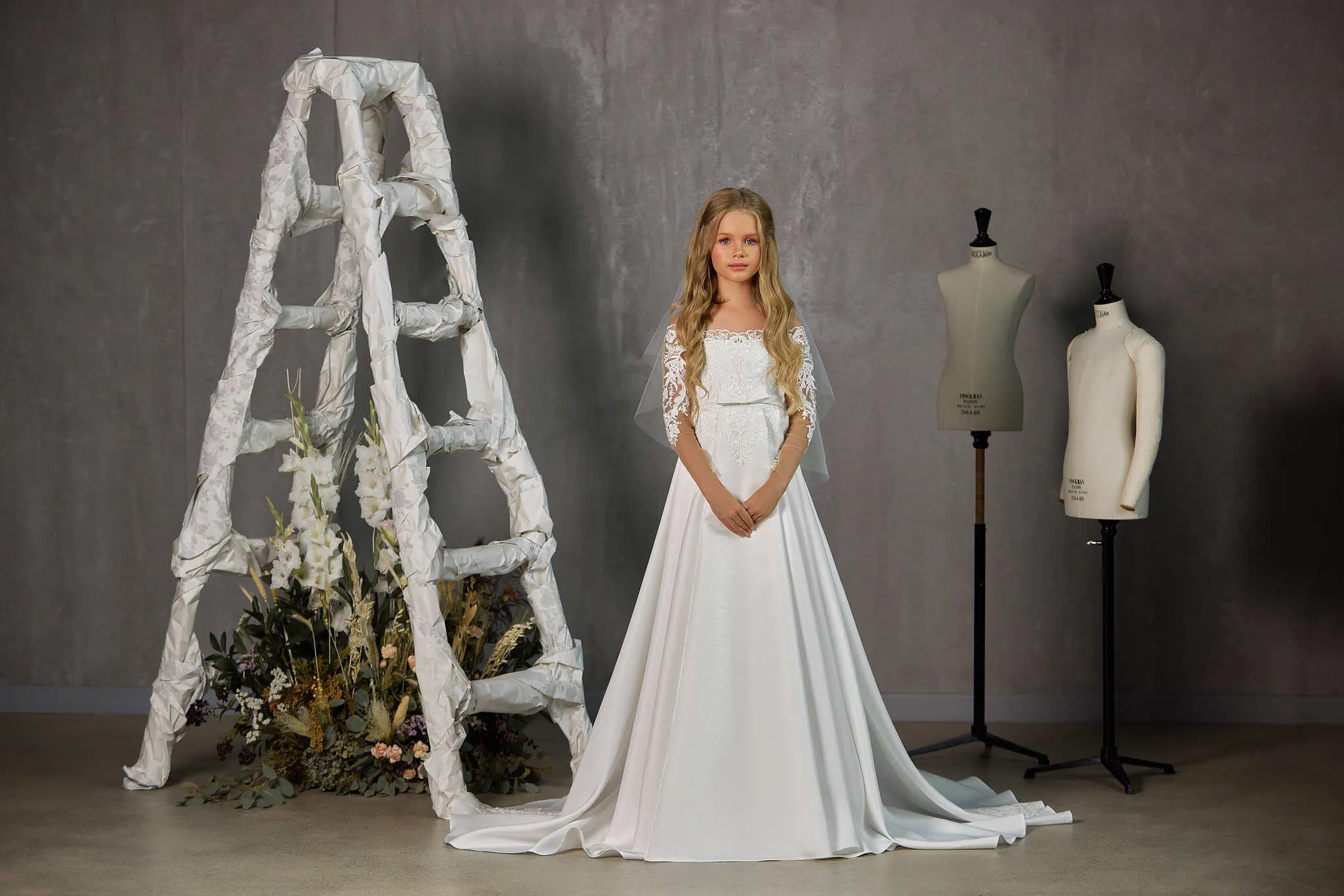Charlotte – Illusion Off-The-Shoulder First Communion Dress with Long Sleeves