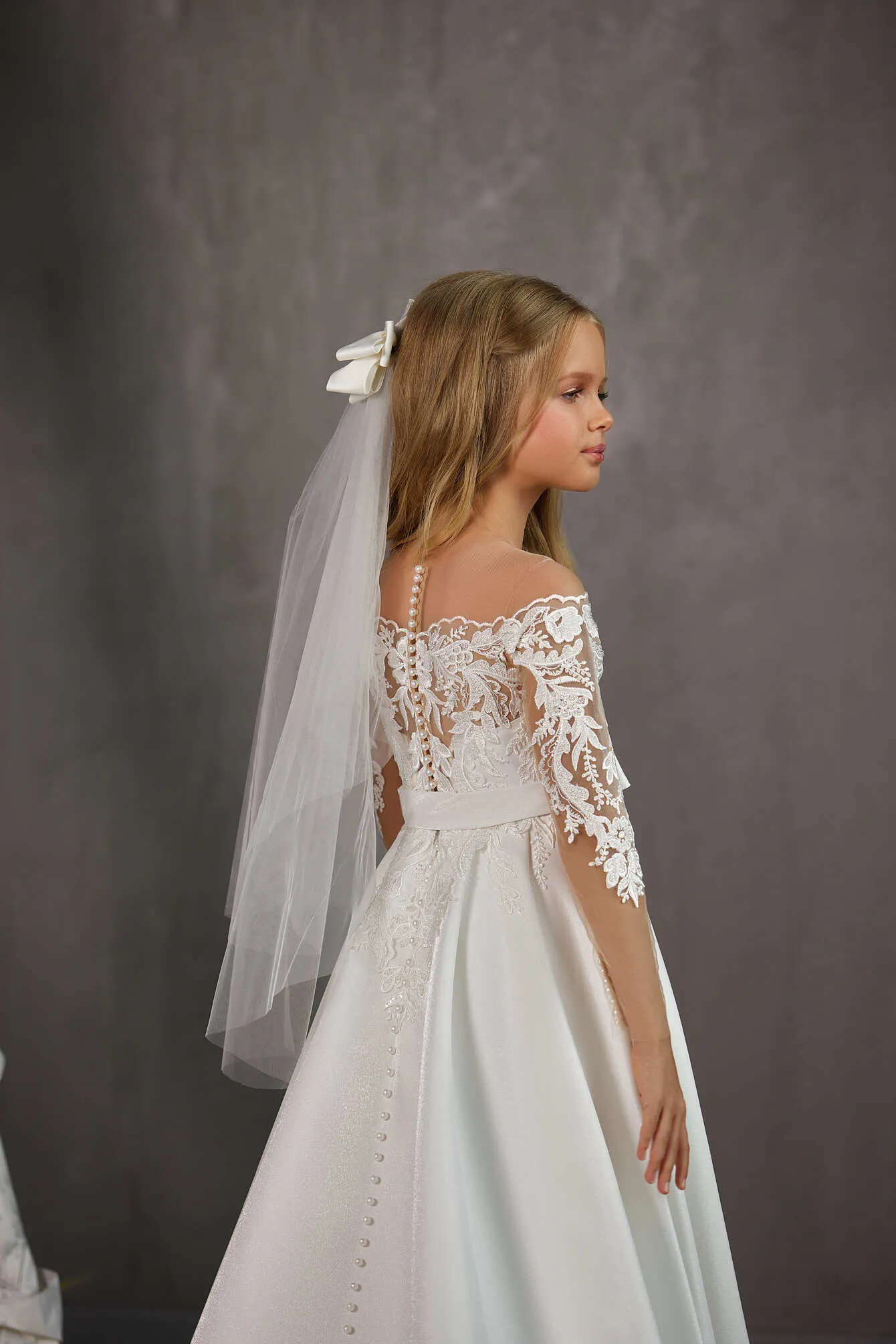 Charlotte – Illusion Off-The-Shoulder First Communion Dress with Long Sleeves