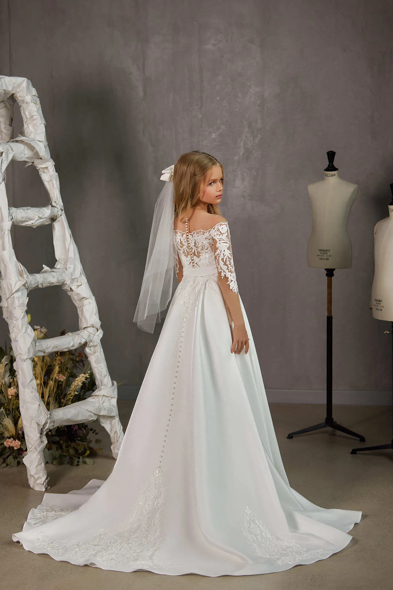 Charlotte – Illusion Off-The-Shoulder First Communion Dress with Long Sleeves